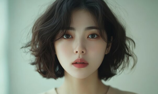 Beautiful Korean woman in her 20s with short, chin-length hair, staring straight at the camera with a neutral, expressionless face