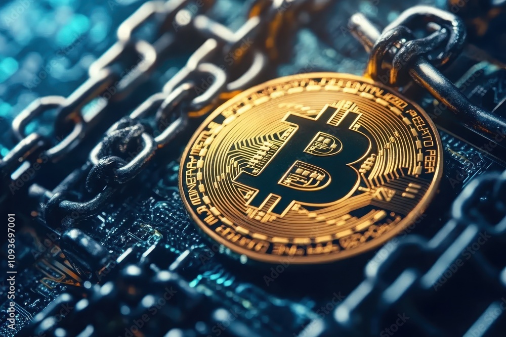 Poster detailed close-up of a bitcoin surrounded by intricate chains showcasing digital security
