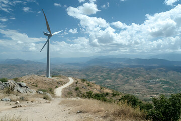 A towering wind turbine stands proudly amid rolling hills, surrounded by a stunning vista