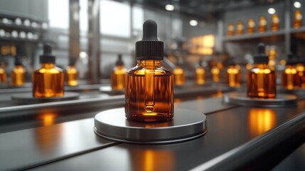 Amber glass dropper bottles on a factory conveyor belt.