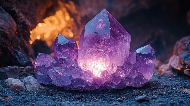 Glowing amethyst crystals illuminated in mystical cave setting
