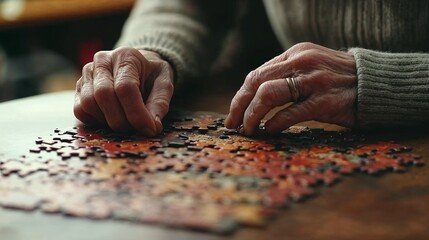 Elderly person assembling a puzzle to promote brain health and cognitive function