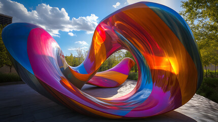 A vibrant abstract sculpture with organic curves and vivid hues in an outdoor setting.