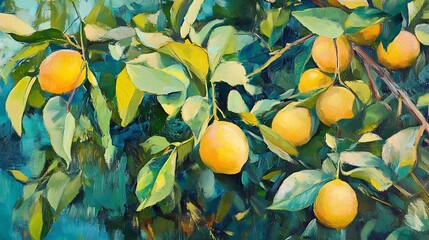Vibrant oil painting of lemons hanging from a tree, showcasing the bright yellow fruit against lush green leaves. The artwork evokes a feeling of warmth and freshness.
