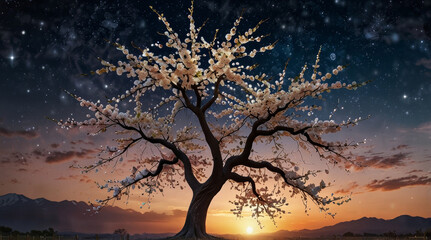 a cosmic tree with cherry blossoms the feel of the picture is like an awakening. Bright beautiful white birds flying into the sunset. The sky is full of stars and the moon is large