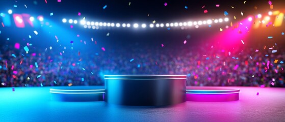 a celebratory Empty Winners podium under bright stadium lights with confetti . victory olympic podium.