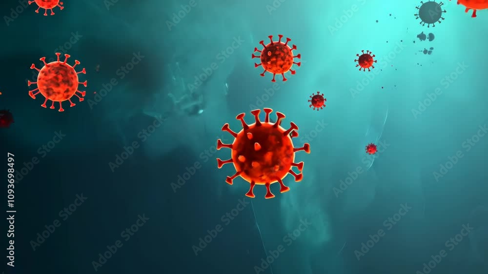 Poster digital illustration depicts multiple red viruses floating in a teal background