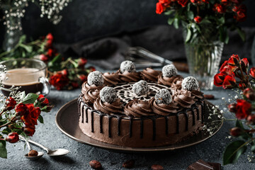 Layer Chocolate biscuit cake with cream, coconut on dark stone background with flowers and nuts. Holiday dessert, sweets and pastry, close up