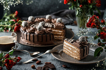Layer Chocolate biscuit cake with cream, coconut on dark stone background with flowers and nuts. Holiday dessert, sweets and pastry, close up