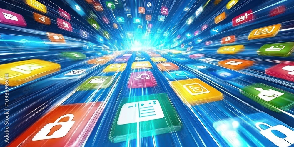 Aufkleber Abstract Representation of App Icons Streaming Through Cyberspace