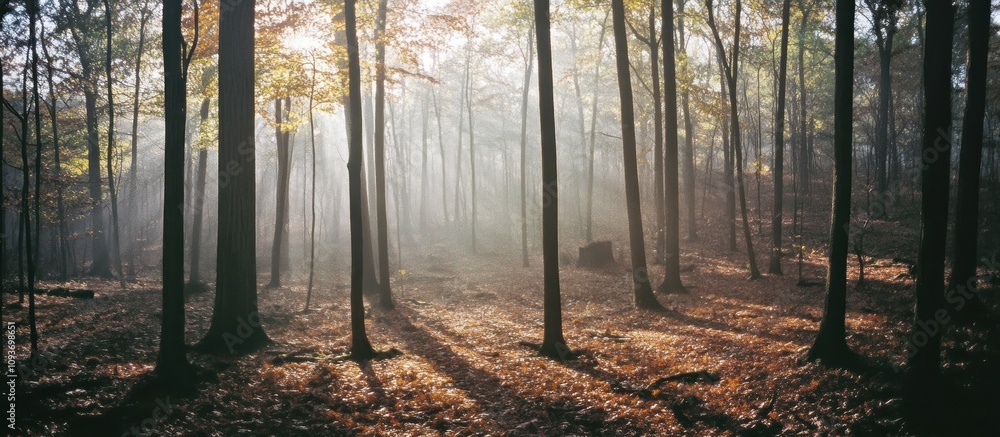 Poster Sunlight Filtering Through Foggy Forest with Tall Trees