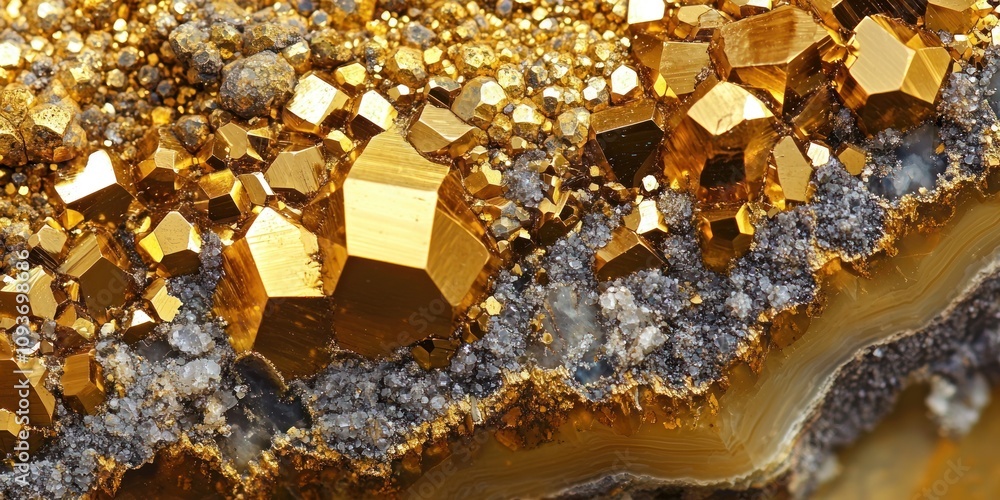 Poster macro close-up of pyrite crystals embedded in agate