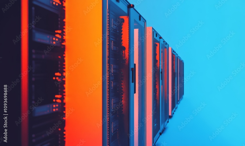 Poster different perspective of server in a row. gradient blue and orange background