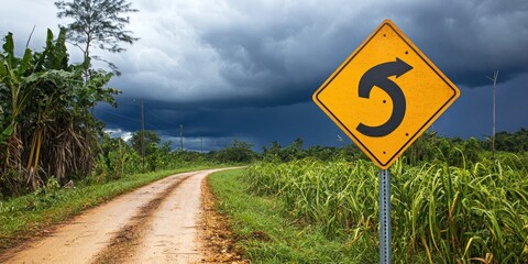 A winding dirt road with a sharp turn warning sign and a stormy sky