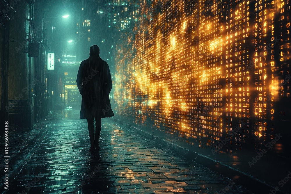 Poster silhouette of a person walking down a wet alleyway at night with a digital wall in the background