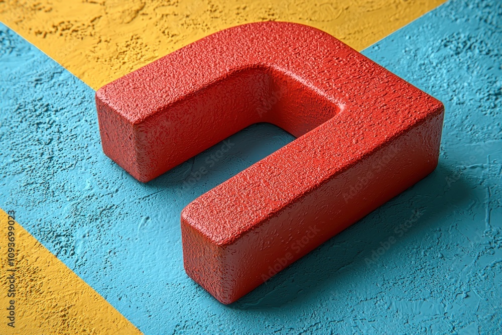 Poster a red u-shaped object on a blue and yellow surface