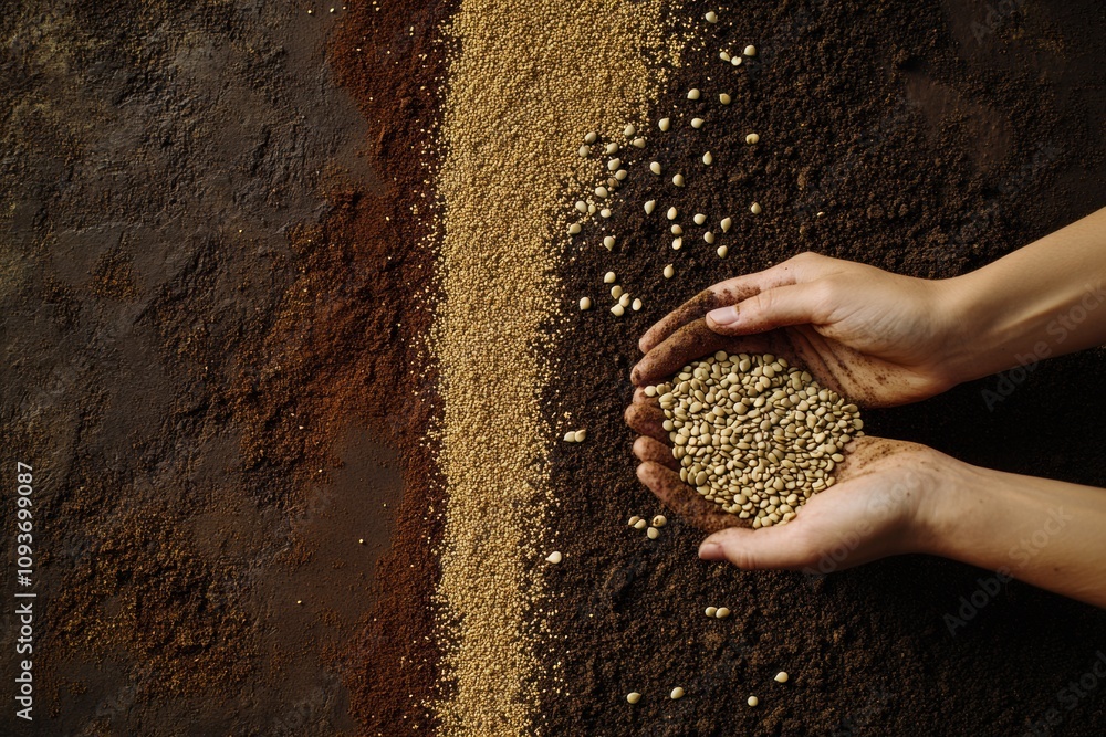 Poster hands are scattering seeds over freshly tilled soil, preparing the ground for planting during the sp