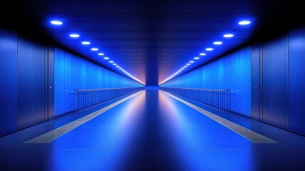 Blue illuminated long corridor.