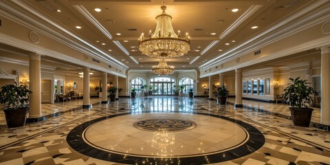 Obraz premium Grand Hotel Lobby with Ornate Chandelier and Marble Flooring