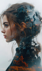 Woman silhouette and dystopian war zone cinematic landscape double exposure