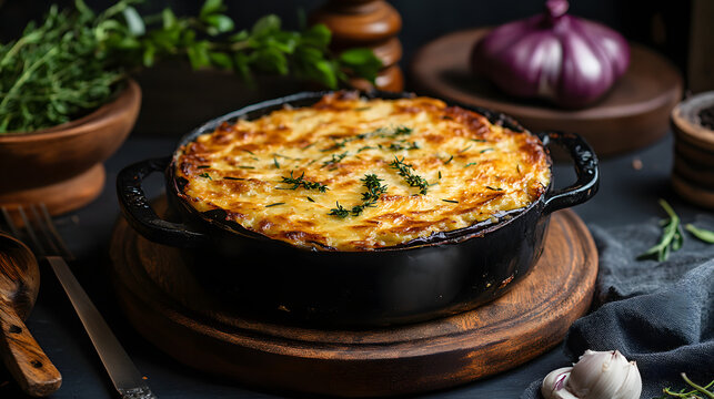 A traditional Greek moussaka layered with eggplant ground meat and b&eacute;chamel sauce.