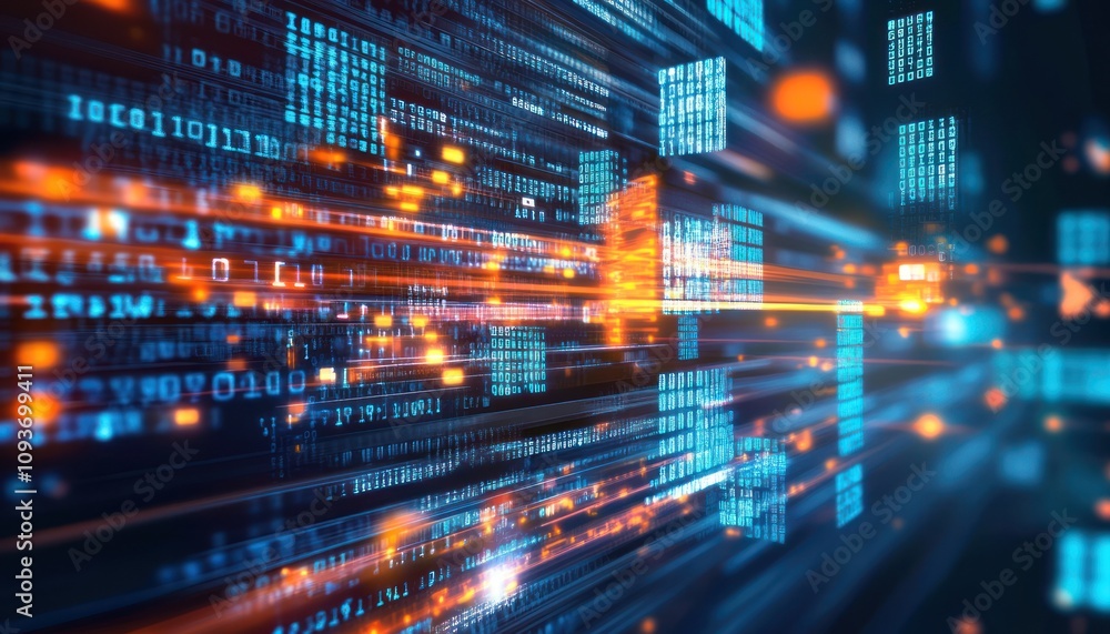 Poster Abstract digital data flow with binary code and glowing light streaks