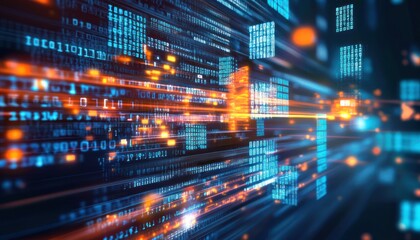 Abstract digital data flow with binary code and glowing light streaks