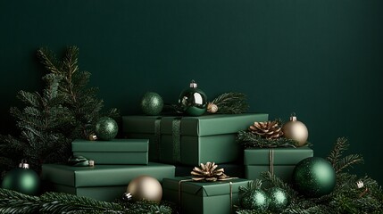 Stack of green Xmas gift boxes with copy space