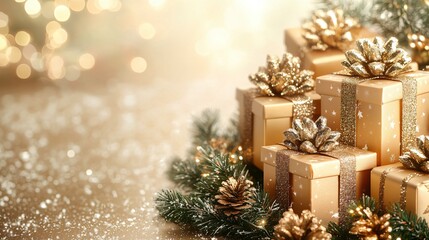 Stack of Xmas gift boxes with copy space