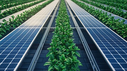 Fototapeta premium future hotel luxury and smart, A vibrant green farm interspersed with solar panels, showcasing sustainable agriculture and renewable energy.