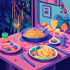 A surreal family meal scene where unconventional dishes like pasta and candy take center stage, illustrated in flat style with vibrant colors.