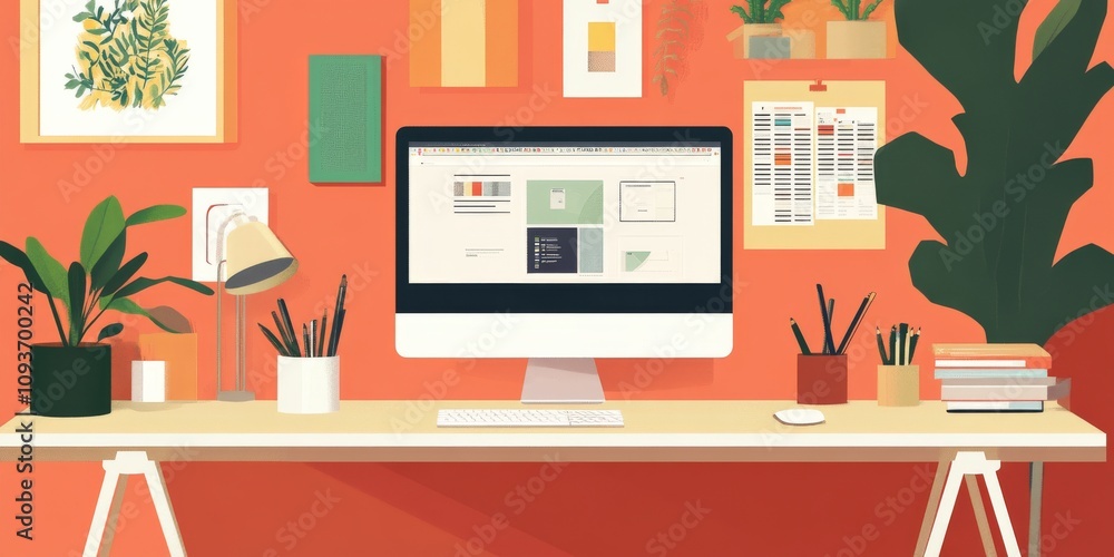 Aufkleber a clean desk shows a website design program. it's perfect for showing off digital design work.