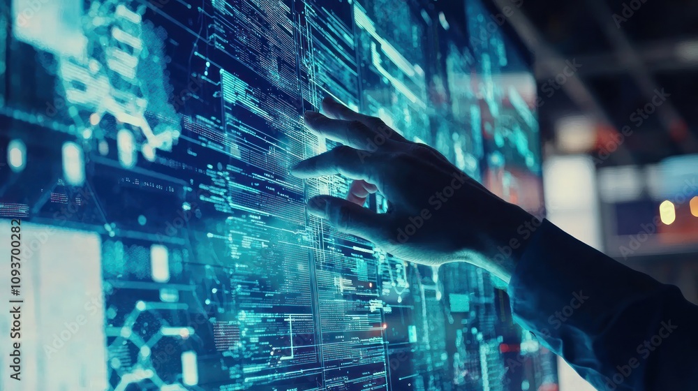 Poster Hand Interacting With a Screen Displaying Data and Code