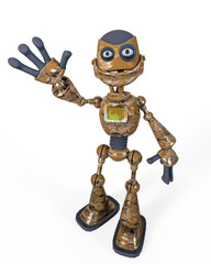rusty cartoon robot is waving hello or hi in white background on bird eye top view