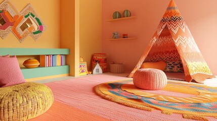 Modern-Tribal Children's Playroom: Vibrant 3D Render with Colorful Rugs and Cozy Reading Nook