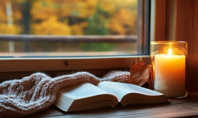 Cozy Reading Setup with Candle on a Wooden Table