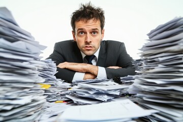 Man in suit overwhelmed by piles of paperwork in modern office setting