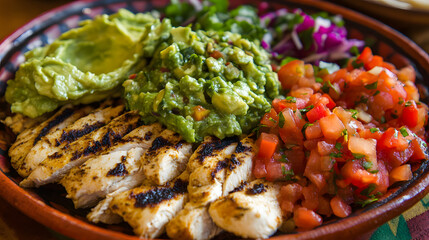 A vibrant taco platter filled with grilled chicken guacamole and fresh salsa.