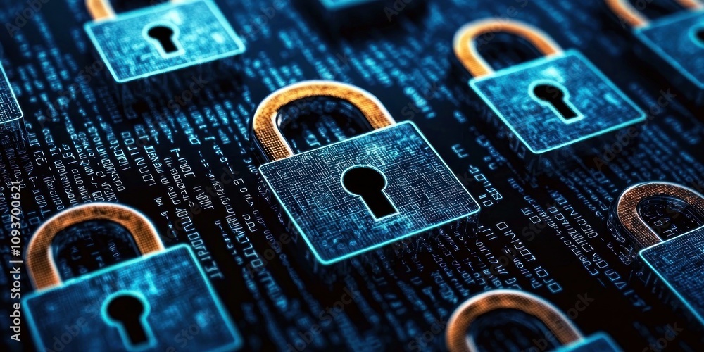 Poster digital padlocks and code on a blue and black surface