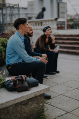 Three business people sit and engage in a casual outdoor meeting in a city area, fostering teamwork...