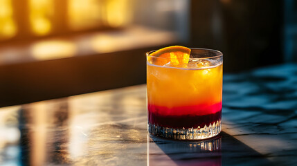 A vibrant tequila sunrise cocktail layered with orange juice and grenadine.