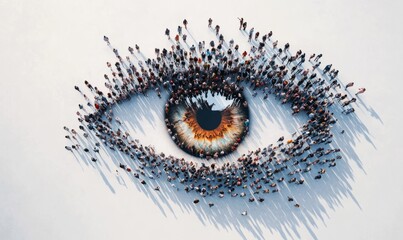 Crowd of people forming a giant eye symbol on white background
