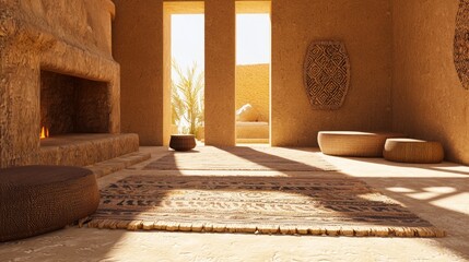 Fototapeta premium Luxurious Modern-Tribal Living Room with Stone Fireplace and Natural Textures | 3D Render Illustration