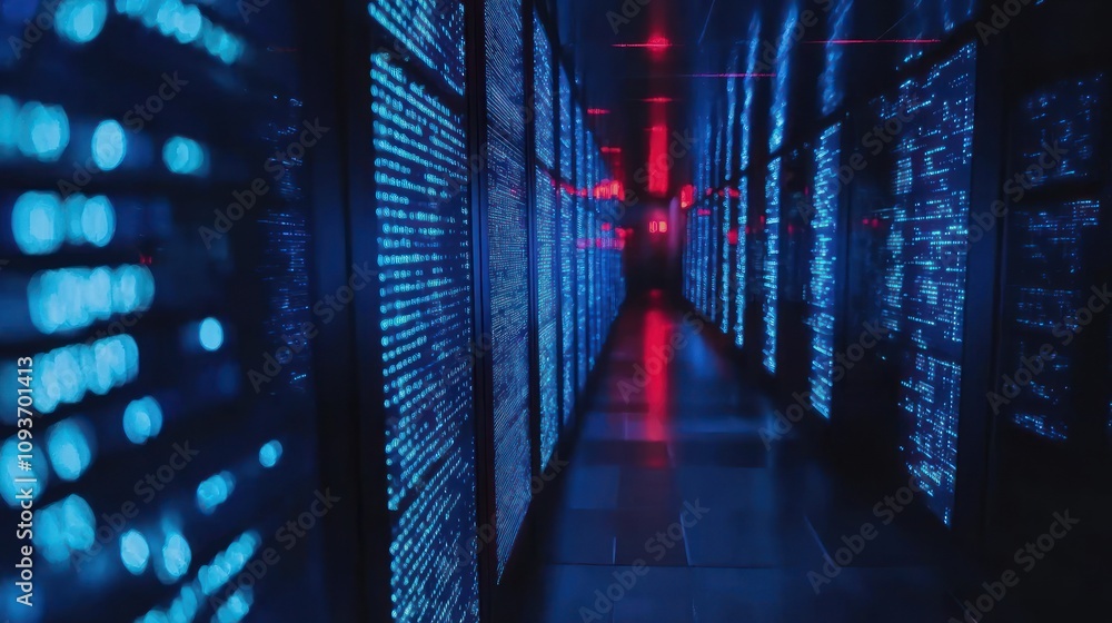 Poster rows of servers lit by blue and red lights in a server room