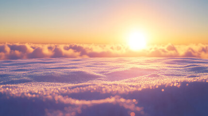 A winter sunrise over a vast snowy plain with golden light reflecting off the icy surface.