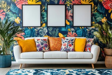 maximalist living room featuring vibrant tropical vibrant floral pattern wallpaper with intricate designs, adding a touch of drama with mockup canvas frames