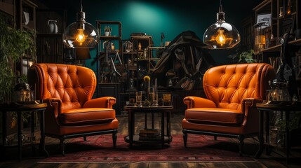 cool Studio interior for podcast and interview along two mics chairs setting