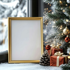 a4 Mockup Bilderrahmen gold am verschneiten Fensterbrett mit warmen Boquet Foto Effekt Bilderahmen soll frei bleiben Weihnachtsbeleutung im Hintergrund und einem roten