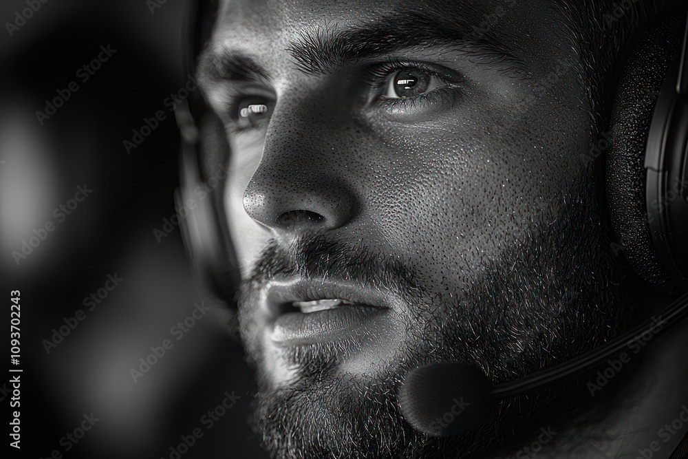 Poster Close-up of a man's face with a headset and microphone