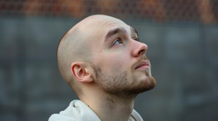 Naklejka premium A portrait featuring a young bald man standing against a bright blue sky showcases his character quite well